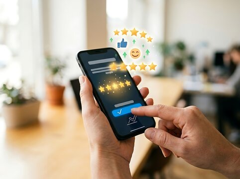 User selecting five star rating on mobile device with digital thumbs up and happy face symbols.