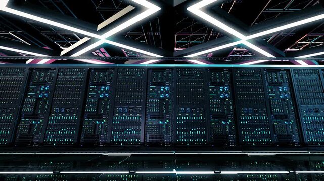 Data center server room racks with flashing neon led status lights, low angle view of futuristic mainframe supercomputer loop animation for cloud computing artificial intelligence infrastructure