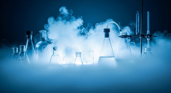 Laboratory glassware filled with swirling blue vapor and smoke in a dark, atmospheric science setting