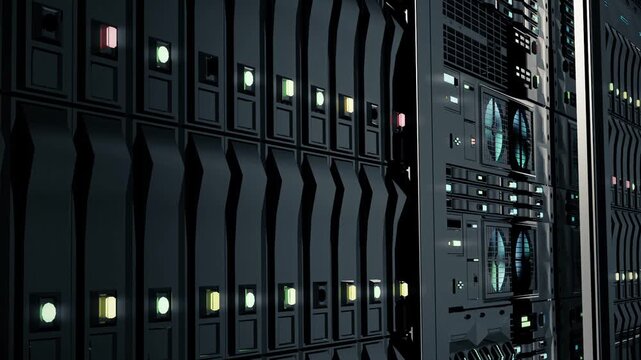 data center server rack close up with spinning cooling fans and flashing led lights seamless looping footage of futuristic supercomputer mainframe hardware data processing hardware unit