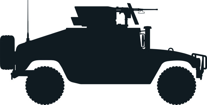 Military armored vehicle silhouette, tactical combat truck with machine gun, army humvee transport, war weapon machine, isolated graphic icon