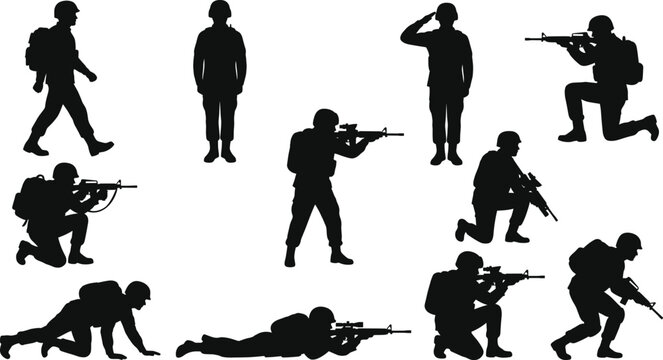 Military soldier silhouettes aiming rifles, saluting, crawling, kneeling, army forces combat training collection, war defense tactical conceptual illustration