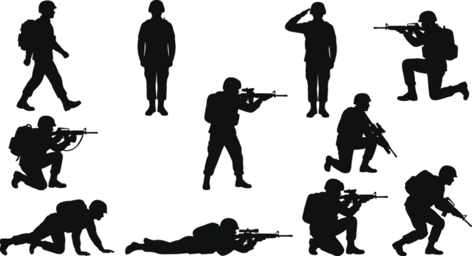 Military soldier silhouettes aiming rifles, saluting, crawling, kneeling, army forces combat training collection, war defense tactical conceptual illustration