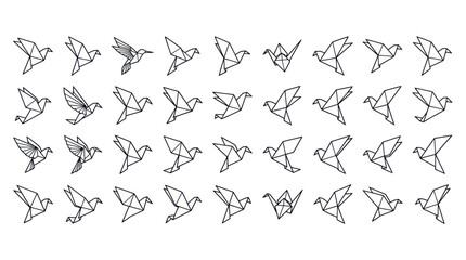 Obraz premium Origami bird line art icons set in various flight poses