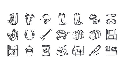 Fototapeta premium Horse riding equipment and equestrian supplies line icon set
