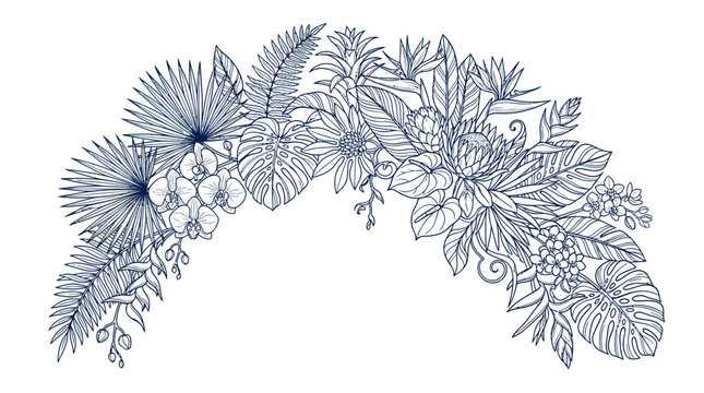 Tropical floral arch with palm leaves and exotic jungle flowers