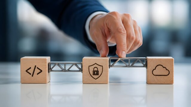 Businessman hand connecting wooden blocks with code, security shield, and cloud icons, representing secure cloud software development and devsecops concept