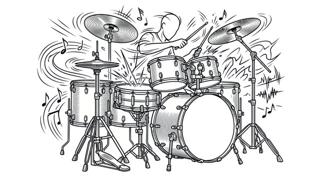 Energetic drummer playing professional drum kit with motion lines