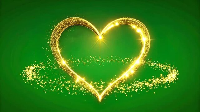 Glowing golden heart made of sparkling particles on a green background