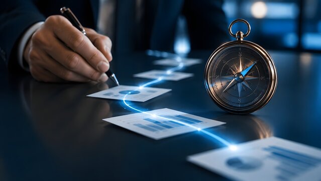 Business strategy and planning concept with a businessman using a pen to analyze financial charts and a compass for direction and guidance