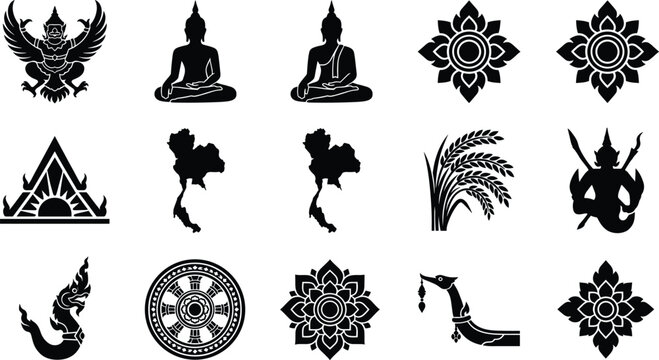 Thailand cultural symbols, Buddha silhouette, traditional Thai patterns, Garula, map, naga, rice ear, architecture icons, Asian travel design elements