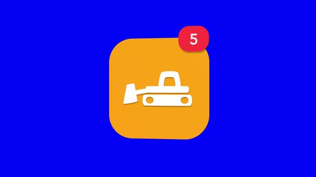 A 3D heavy industrial crawler bulldozer excavator tractor construction site notification icon popping up and rotating on a blue screen chroma key background with a red number counter animation.