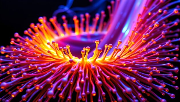 The image features a vibrant, close up view of a cluster of lamprey like structures with numerous thin, elongated filaments radiating outward