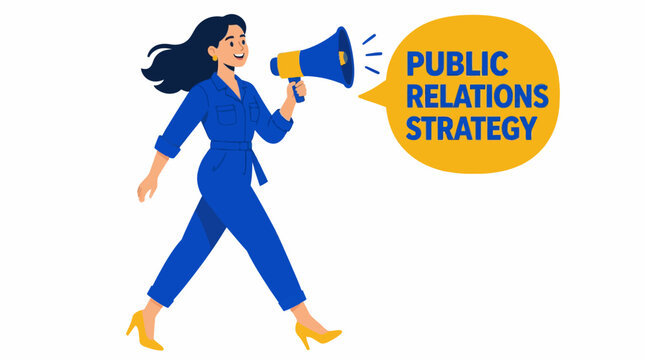 Woman in blue suit using megaphone for announcement.