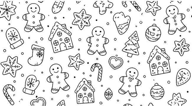 Festive gingerbread cookies and holiday decorations outline art.