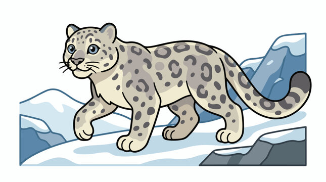 A cartoon snow leopard with gray and white fur and blue eyes walks on a snowy mountain