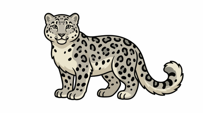 A cartoon illustration of a snow leopard with a light gray coat and black spots