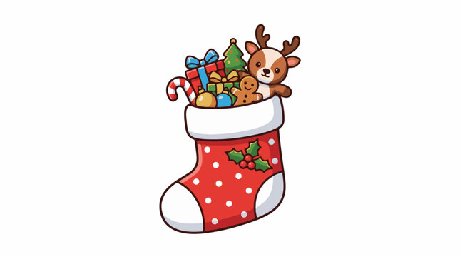 A cartoon Christmas stocking filled with gifts