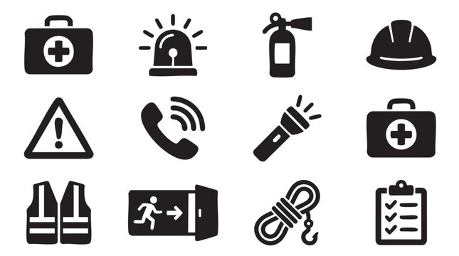 Emergency Response Icons, Safety Symbols, Warning Signs, Flat Design