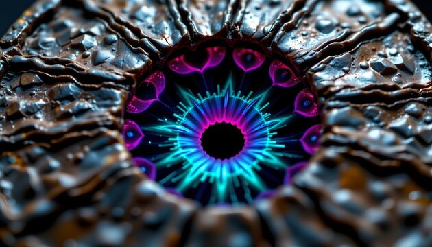The image features a close up view of an eye, with the focus on the iris which has been digitally enhanced to resemble a vibrant, glowing supernatural or sci fi pattern