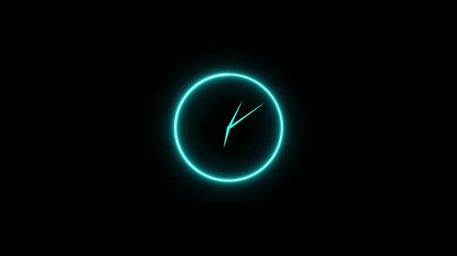 Neon glowing clock face animation, abstract time passing concept, minimalist blue light circle timer on black background