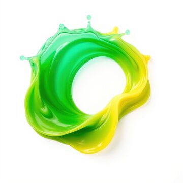 Vibrant liquid swirl, green and yellow hues blend. Circular shape, dynamic splash, smooth texture, isolated on white background.