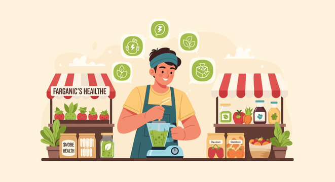 Man preparing healthy organic smoothie at market stall.
