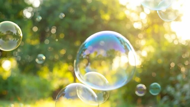 Many translucent soap bubbles floating in a bright sunny garden