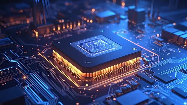 A glowing central processor unit sits on a blue circuit board