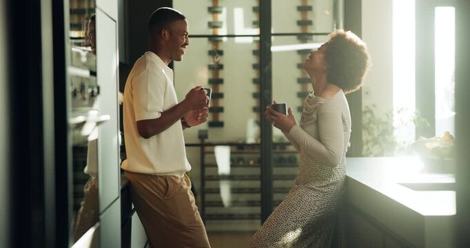 Coffee, laughing and morning with black couple in kitchen of home for bonding or connection. Drink, smile and talking with funny people in apartment for break, communication or relationship security