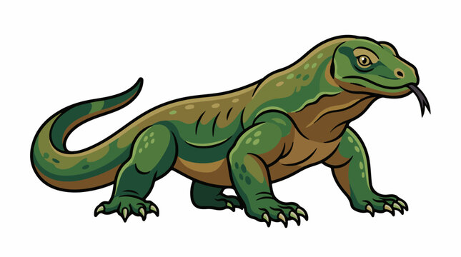 A cartoon illustration of a green and brown lizard-like creature with a long tail standing on all fours