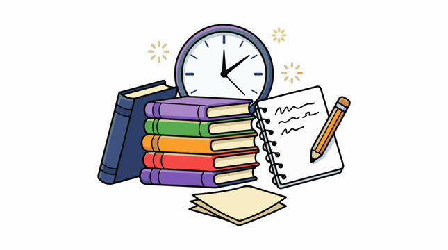Colorful stack of books with clock and notepad