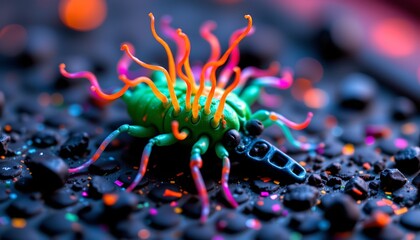 Obraz premium The image features a brightly colored, fantastical creature resembling a hybrid between a beetle and an abstract art piece