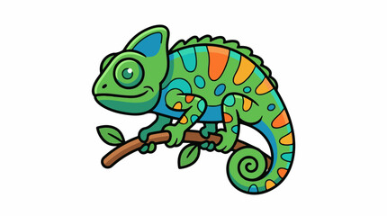 Fototapeta premium A colorful cartoon chameleon with vibrant green, blue, and orange spots perches on a brown branch