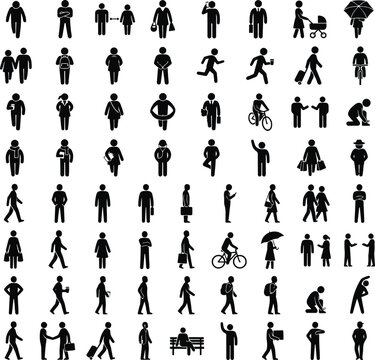 Black stick figure icons set, 64 people pictograms in various poses, minimalist human silhouettes for wayfinding and infographics, vector character collection