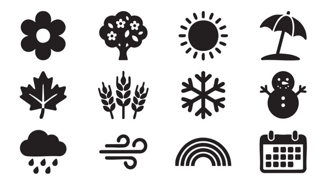Weather icons set, seasons symbols, climate and calendar graphics, black vector illustrations