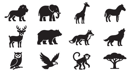 Black animal silhouettes, wildlife icons, safari symbols, 12 species set © MHK