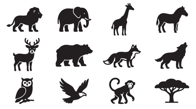 Black animal silhouettes, wildlife icons, safari symbols, 12 species set