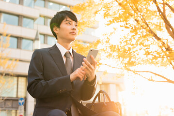 Fototapeta premium 銀杏の下のベンチに座る20代男性ビジネスマン