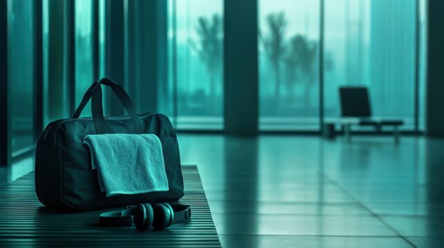 A gym bag sits on a bench in an empty gym. A towel rests on top of the bag and headphones are nearby. The space is quiet and unoccupied. Light filters through windows