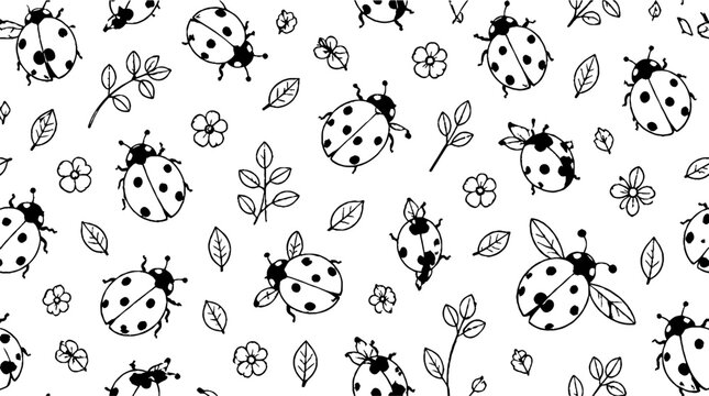 Black and white ladybug and leaf pattern design.