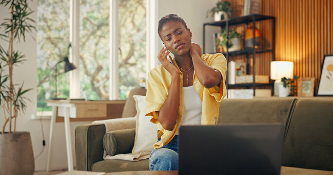Remote work, neck pain or black woman in home with phone call, sprain or joint issue with online feedback. Tired, tendinitis or freelancer with tech, discomfort or cervical strain with digital chat.