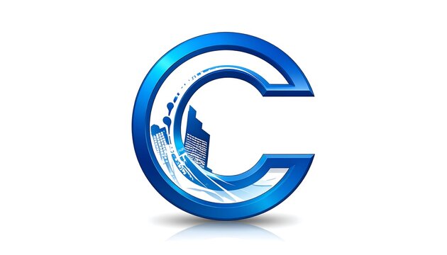 A stylized blue "C" shape surrounds a cascading water and building scene, creating a clean, modern design with a reflective bottom shadow