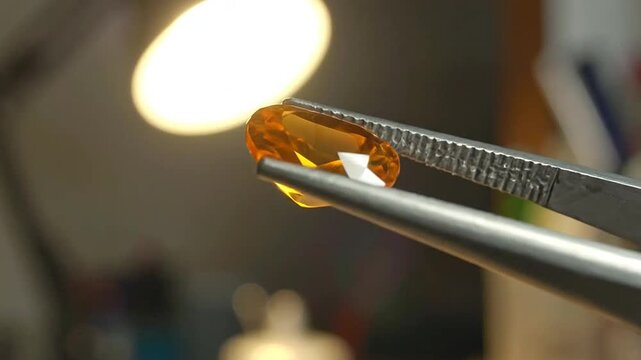A faceted orange gemstone held by metal tweezers under a bright studio lamp