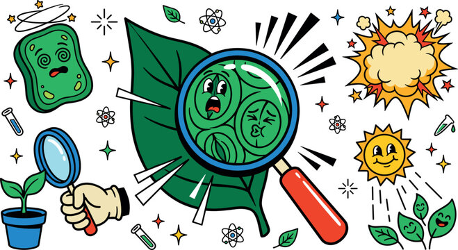 Retro Comic Book Plant Biology Vector Illustration Set Featuring Stomata Cells Under Magnifying Glass Dizzy Chloroplast Sun and Science Explosion Elements