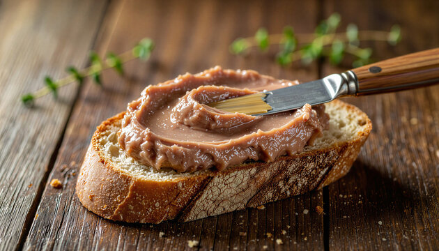 A slice of rustic, handcrafted baguette topped with a generous, textured layer of rich chicken liver p&acirc;t&eacute;.