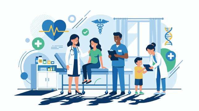 A medical team of two doctors and two nurses attending to a child and a woman