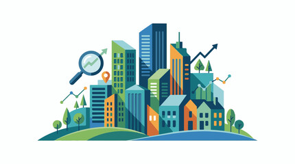 Fototapeta premium A colorful illustration of a cityscape with buildings, trees, and graphs