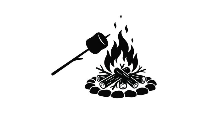 Campfire with marshmallow on stick black silhouette against white background