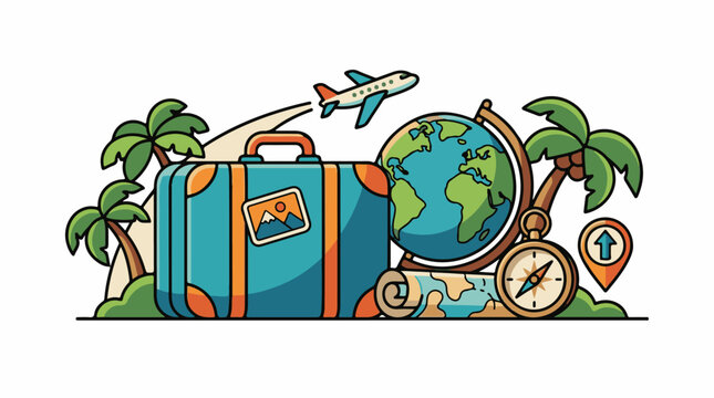 A colorful illustration of a suitcase, globe, and travel accessories on a tropical background